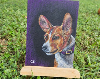 Orange and white Basenji Puppy Dog 5x7 Original Neocolor ii Crayon Drawing on Black Paper with Purple Background