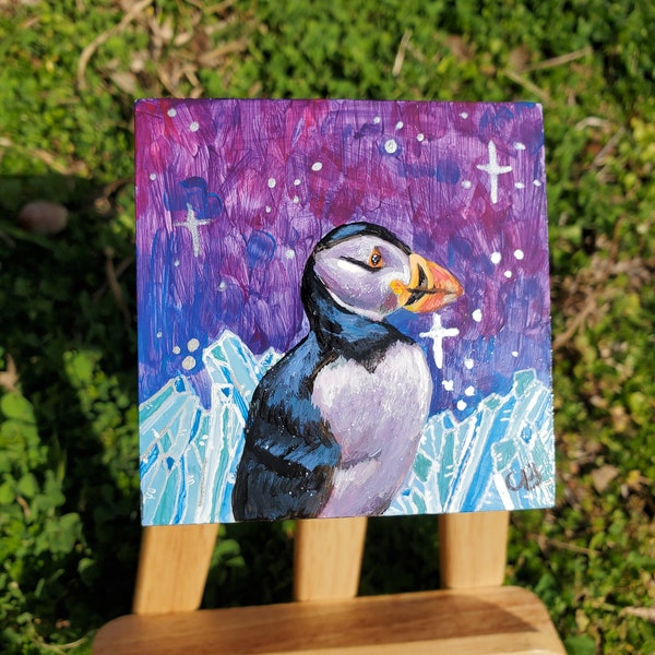 Puffins Crystals 3x3 inch Mini Original Acrylic Painting on Unframed 3/4 inch cradled panel