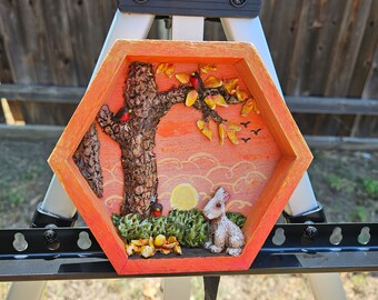 Autumn rabbit Sunset with Trees and Robins 6 inch Original Hexagon Shadowbox Handmade Sculpture Art includes hanging hardware installed