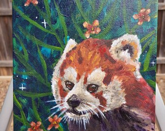 Red Panda with orange flowers expressive original acrylic painting - unframed - 8x10x1.5