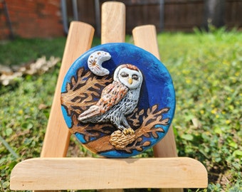 Brown Barn Owl and Moon on Blue and Gold Background Handmade Sculpture 3 Inch Round Tin with Screw on Lid