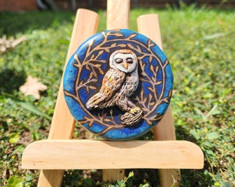 Brown Barn Owl on Blue and Gold Background Handmade Sculpture 3 inch round tin with screw on lid