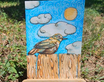Bird on fence with clouds Original 5x7 Watercolor and Ink Painting Unframed and Unmatted