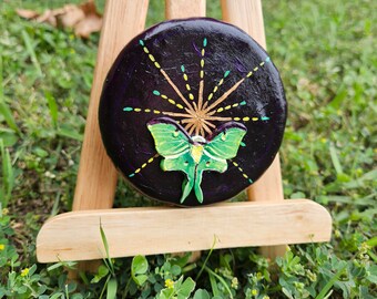 Green Luna Moth on Purple Background Handmade Sculpture Tin 3 inch circle with screw on lid