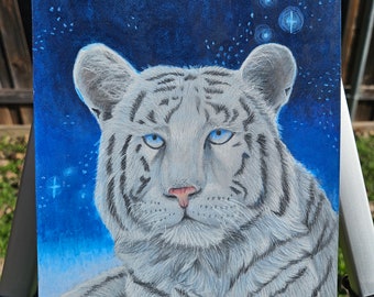 White tiger on starry blue background Original colored pencil drawing 7x9.5 inches on Pastelmat paper Unframed and Unmatted