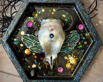 OOAK White Bird Skull Wall Hanging | Gothic Jewelry Collage Decor | Celestial Crow Raven Skull Art | Witchy Shadow Box | Handmade Oddities