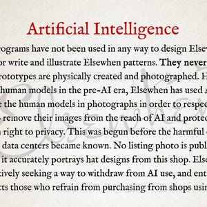 May include: A white document with the red title Artificial Intelligence. The text explains that AI programs are not used to design Elsewhen hats or patterns, and that hat prototypes are physically created and photographed.