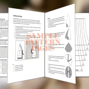 Puede incluir: Libro abierto con instrucciones de patrones de costura. Las p&aacute;ginas muestran diagramas y texto sobre el corte de tela y la construcci&oacute;n de un sombrero. El texto "SAMPLE PATTERN PAGES" est&aacute; impreso en el centro.