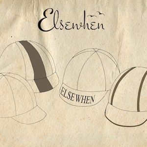 May include: Illustration of four baseball caps in a vintage style. The caps are in shades of beige and brown, with the word "Elsewhen" above them. One cap has the word "ELSEWHEN" on the brim.