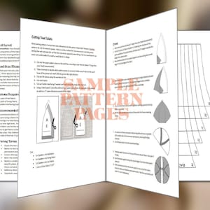 May include: Open book with sewing pattern instructions. Pages show diagrams and text for cutting fabric and constructing a hat. The text includes terms, recommendations, and size measurements. The pages are white with black text and diagrams.