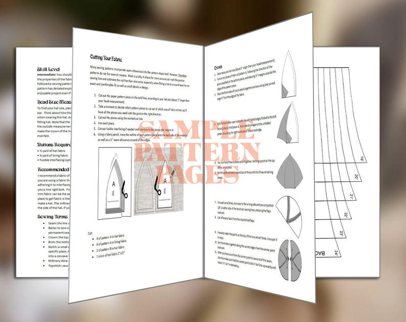 May include: Open book with sewing pattern instructions. Pages show diagrams and text for cutting fabric and constructing a hat. The text includes terms, recommendations, and size measurements. The pages are white with black text and diagrams.