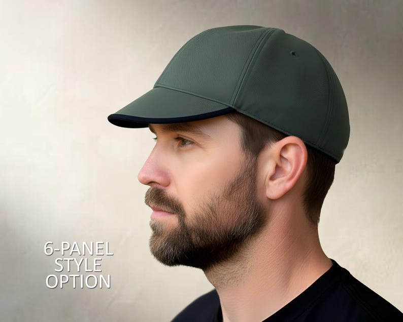 May include: A dark green 6-panel style cap with a black brim. The cap is made of a textured material and is shown from a side profile. The text "6-PANEL STYLE OPTION" is displayed in white.