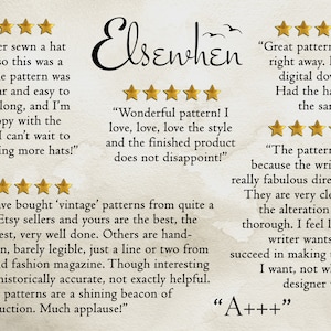 May include: Image featuring customer reviews for a product named "Elsewhen." The reviews are displayed with gold stars and include positive feedback about the product's clarity, ease of use, and overall quality. The text includes phrases like "Great pattern!" and "Wonderful pattern!"
