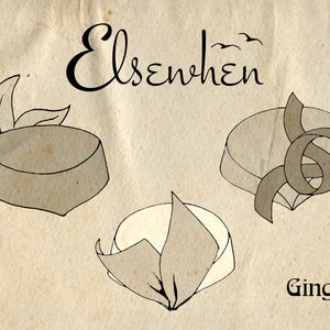 May include: A beige illustration featuring the text Elsenhen and Ginger, displaying three distinct hats. One hat has leaf-like accents, another features a looped ribbon, and the third has a folded fabric detail, all rendered in dark outlines.