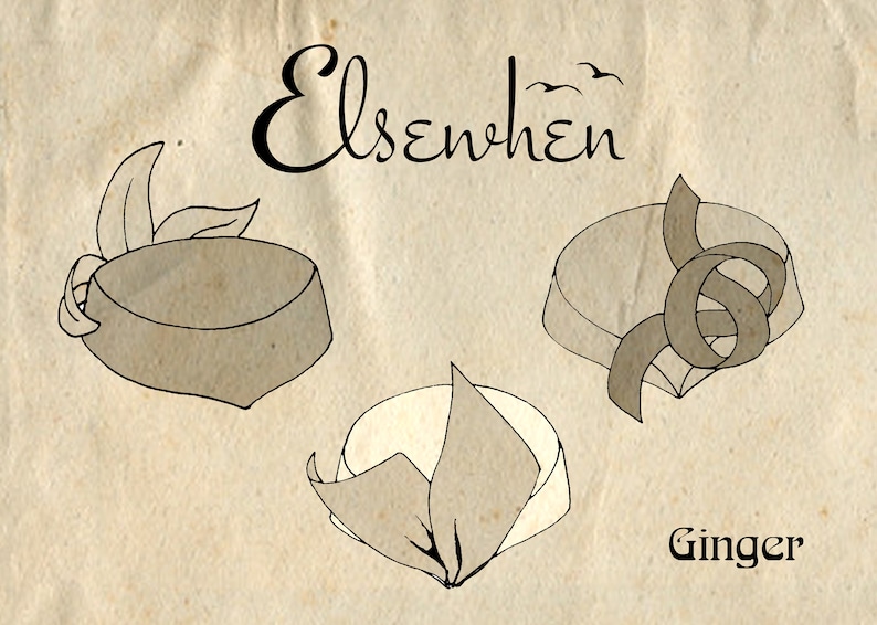 May include: A beige illustration featuring the text Elsenhen and Ginger, displaying three distinct hats. One hat has leaf-like accents, another features a looped ribbon, and the third has a folded fabric detail, all rendered in dark outlines.