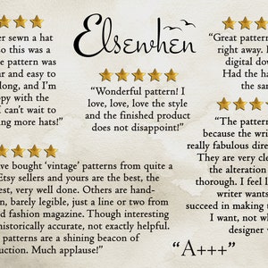May include: Image featuring customer reviews for a product named "Elsewhen." The reviews are displayed with gold stars and include positive feedback about the product's clarity, ease of use, and overall quality. The text includes phrases like "Great pattern!" and "Wonderful pattern!"