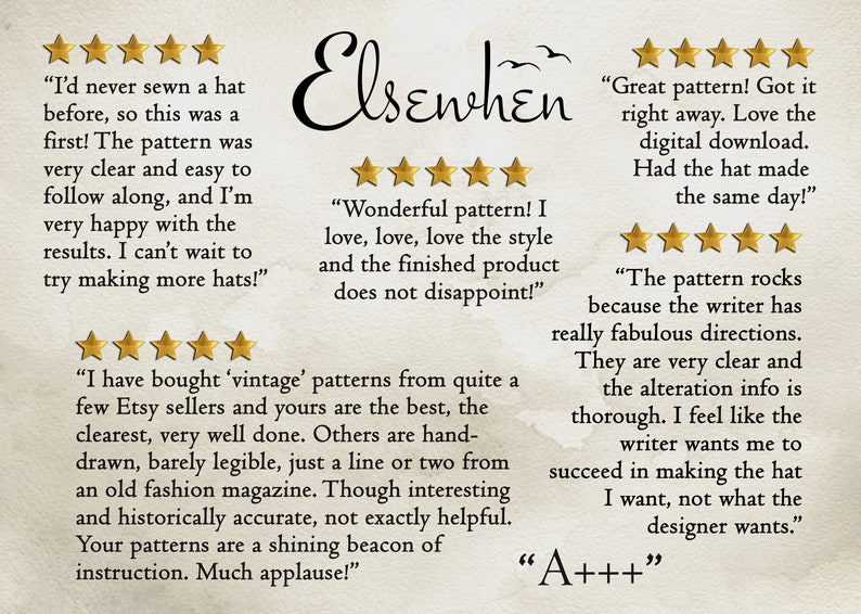May include: Image featuring customer reviews for a product named "Elsewhen." The reviews are displayed with gold stars and include positive feedback about the product's clarity, ease of use, and overall quality. The text includes phrases like "Great pattern!" and "Wonderful pattern!"