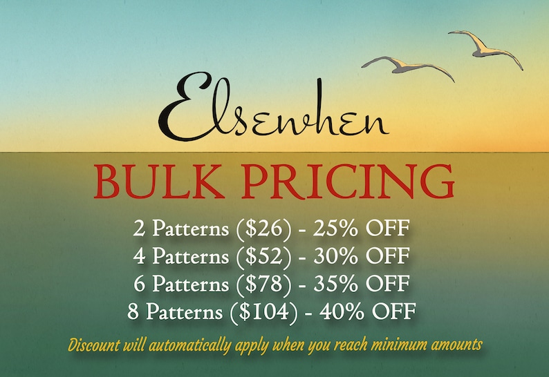 Puede incluir: Imagen con un fondo degradado azul, amarillo y verde, con la palabra "Elsewhen" en fuente cursiva. Debajo, el texto "BULK PRICING" se muestra en rojo. La imagen tambi&eacute;n incluye detalles sobre descuentos por la compra de m&uacute;ltiples patrones.