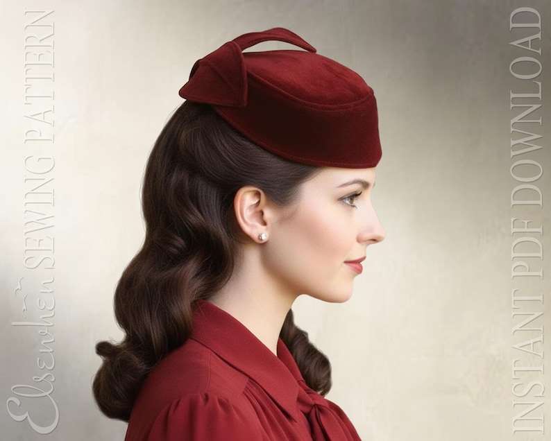 May include: A deep red velvet pillbox hat featuring a structured crown and a decorative bow detail on the side. The text on the image reads "Elsechen SEWING PATTERN" and "INSTANT PDF DOWNLOAD" in a vertical orientation on both sides.