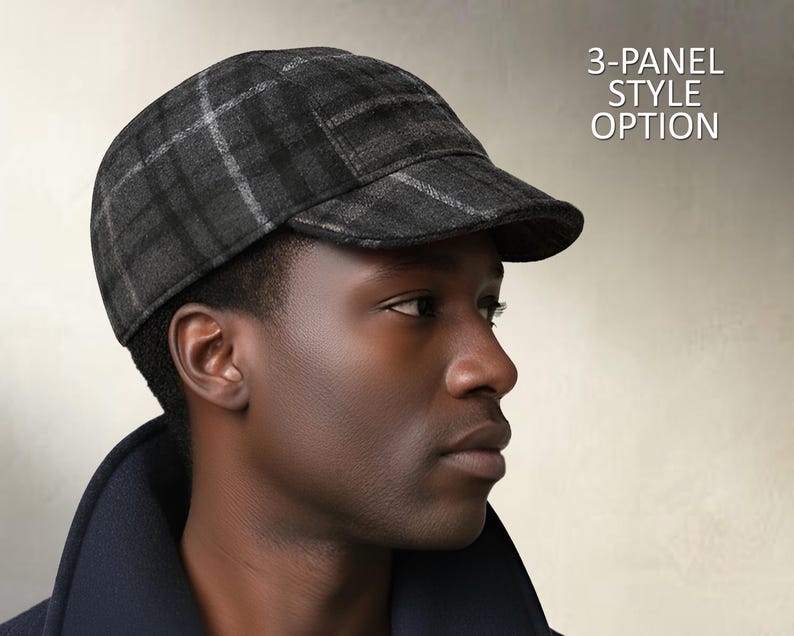 May include: A dark gray plaid newsboy cap with a short brim. The cap has a 3-panel style and is made of a textured fabric. The text "3-PANEL STYLE OPTION" is visible in the background.