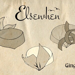 May include: A line drawing illustration on textured paper featuring three distinct pillbox hats. The text Elsenhen appears at the top with two small bird silhouettes, and the word Ginger is printed in the bottom right corner of the image.