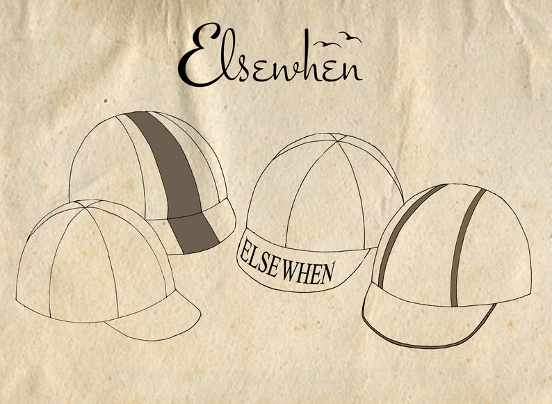 May include: Illustration of four baseball caps in a vintage style. The caps are in shades of beige and brown, with the word "Elsewhen" above them. One cap has the word "ELSEWHEN" on the brim.