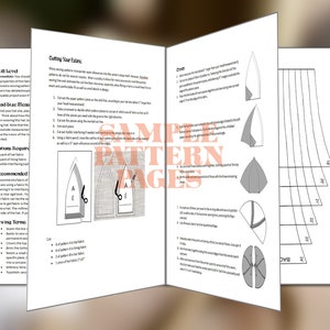 May include: A multi-page sewing pattern instruction booklet with black text on white paper. The pages feature diagrams for cutting fabric, step-by-step assembly instructions for a hat, and a set of nested pattern templates labeled 19 to 24.