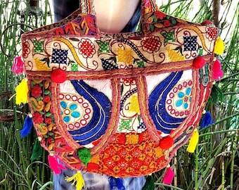 Vintage colorful indian bucket bag reversible purse amazing patchwork & beaded bling bag big beach tote bag boho hippie diaper bag