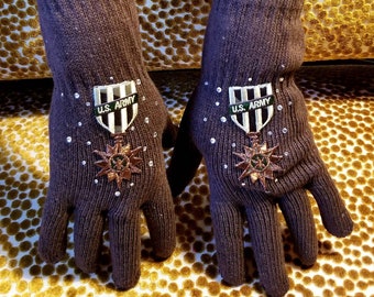 Extra long brown bling knit gloves vintage patches US Army gloves punk rocker awesome arm warmers dope sick biker gloves mittens gift