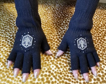 Fabulous fingerless knit gloves bling fleur de lis texting gloves wrist warmers gothic biker punk rocker gauntlets amazing mittens unisex