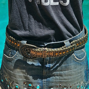 Vintage bronze faux leather stud & rhinestone belt bling western cowboy belt badass bikerchick metal studs belt rocker hippie studded belt