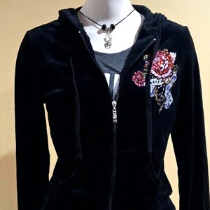 Vintage bling crop sweat jacket black velvet zipper sweatshirt hoodie bling tattoo wings & roses sweat jacket badass rocker sweat jacket