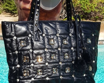 Stunning vintage faux leather bling studded quilted tote satchel bikerchick gorgeous purse punk rocker gothic bag rockabilly amazing gift