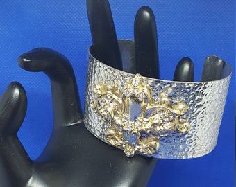 Badass vintage cuff bracelet hammered metal Fleur de Lis bangle bracelet punk rocker goth wide cuff silver and gold bracelet amazing gift