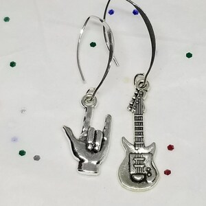 Badass sterling silver dangly Rock On hand & electric earrings punk rocker biker earrings hand sign I love you rock n roll music lovers gift