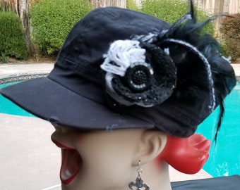 Badass black cadet cap vintage crochet flowers and feathers punk rocker military cadet hat bikerchick black hat cool rockabilly hat cap