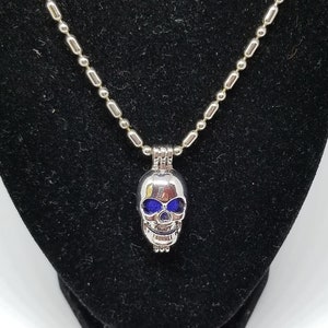 May include: A silver skull charm necklace with a blue gem in the eye sockets. The necklace is on a black velvet display stand. The charm is also available as a separate piece with a pink gem.