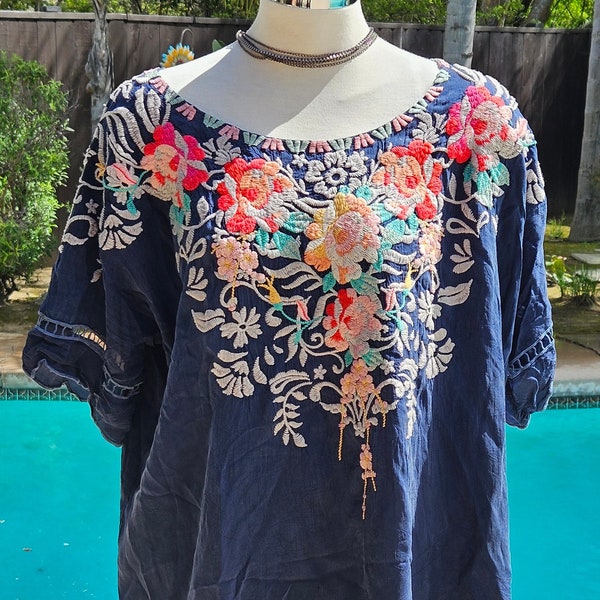 Vintage Johnny Was embroidery floral top hand embroidered mexican style flower short sleeve blouse funky bohemian blouse hippie rocker top