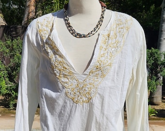 Vintage New York & Company off white embroidery top deep V gold embroidered sequins long sleeve blouse hippie bohemian blouse rocker top