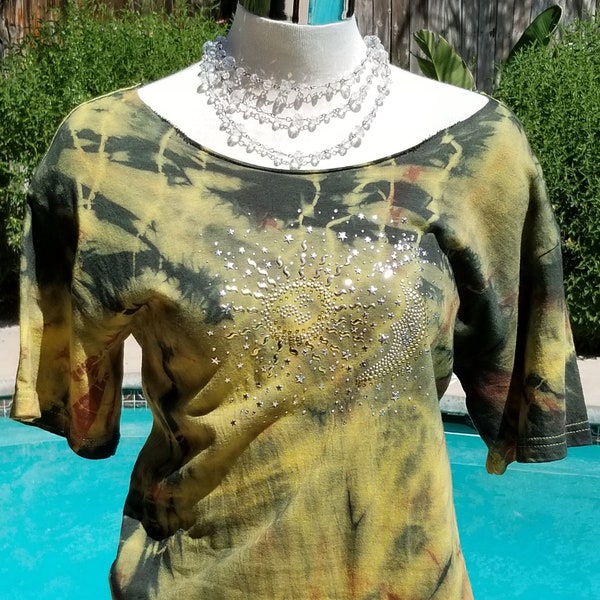 Amazing tie dye bling tee shirt sun moon stars celestial hippie boho punk rocker goth biker tattoos cold shoulder top dope sick awesome gift