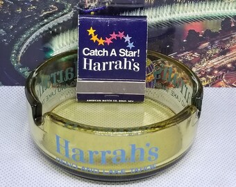 Rare vintage Harrahs Reno Lake Tahoe canary glass ashtray Harrahs casino souvenir ashtray vintage Harrahs Lake Tahoe ashtray yellow glass