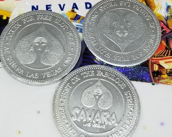 Vintage Sahara Las Vegas silver tokens free slot play coins tokens souvenir no cash value gambler gift Sahara memorabilia First on the Strip