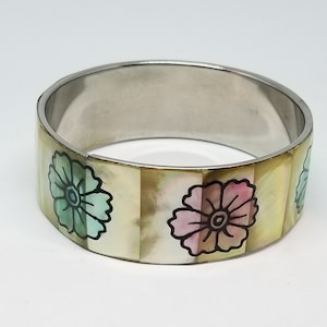 Bitchen vintage abalone shell silver bangle bracelet awesome boho hippie bracelet tropical flower shell bangle bracelet beach jewelry gift