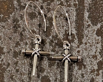 Badass sterling silver nailed cross earrings nailed crucifix earrings punk rocker biker earrings hippie boho silver cross earrings jewelry