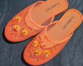 Vintage orange mesh flats bohemian beads & sequin slippers hippie rocker slip ons awesome boho slippers mesh shoes orange Asian beaded flats