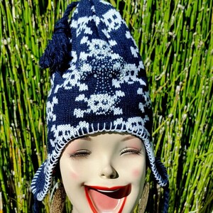 May include: A blue and white knitted hat with a snowflake design and a pom-pom on top. The hat has ear flaps and a long tassel.