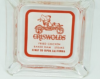 Vintage 70s MCM Griswolds ashtray fried chicken baked ham steaks family dining hiway 99 Ripon California smoker gift retro Griswolds ashtray