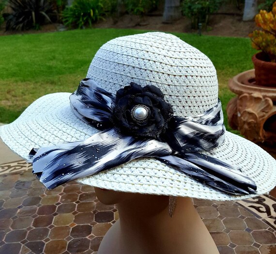 Embellished Pearls & Flower Wide Brim Floppy Hat Accessories | New Wide Brim Flower Pearl Woven Floppy Hat  main image 4
