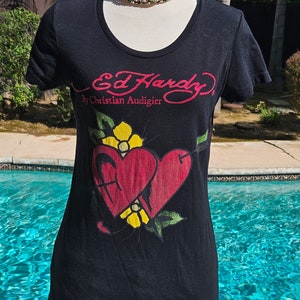 Vintage Ed Hardy T Shirt double hearts tattoo design Ed Hardy by Christian Audigier 100% cotton vintage Don Ed Hardy designs black tshirt