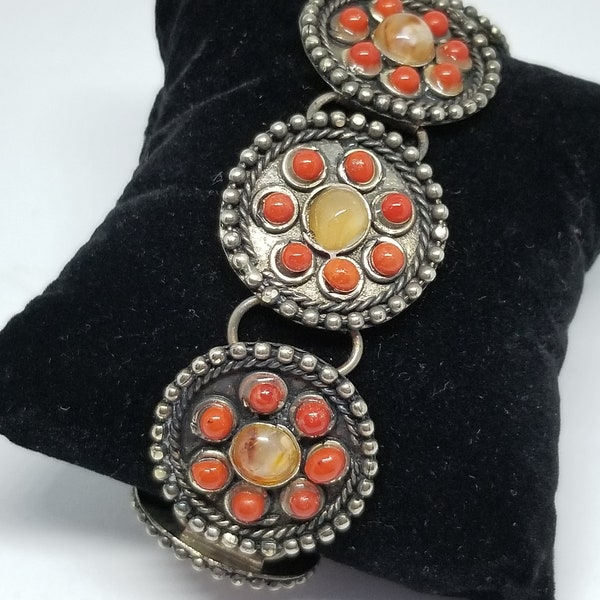 Gorgeous vintage silver & coral conchos bracelet native Indian Zuni western awesome ethnic bohemian jewelry tribe folk hippie amazing gift